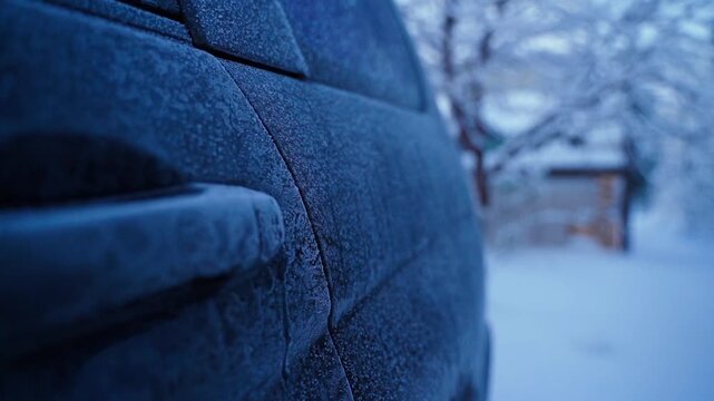 Smooth camera movement along the body of a black car on a frosty winter morning. Frost on a car