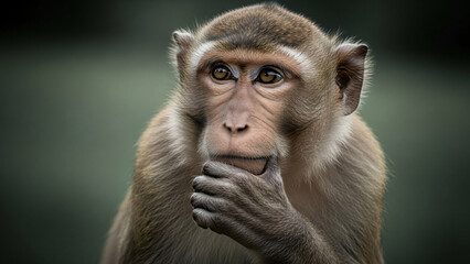 Obraz premium Pensive Macaque Monkey with Hand on Chin in Deep Thought