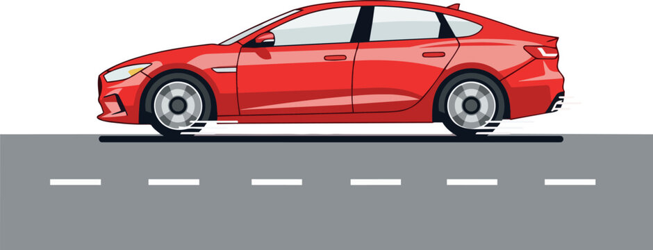 Red car driving on a grey road from a side viewpoint