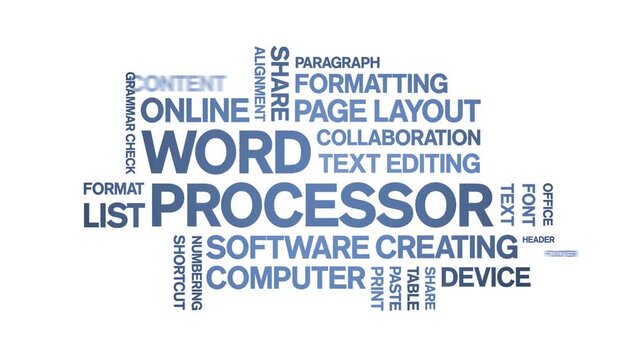 Word Processor animated word cloud-text design animation tag kinetic typography seamless loop.