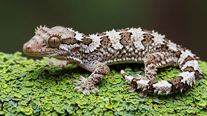 Fototapeta premium Spiky Gecko Resting on Vibrant Green Lichen Detail