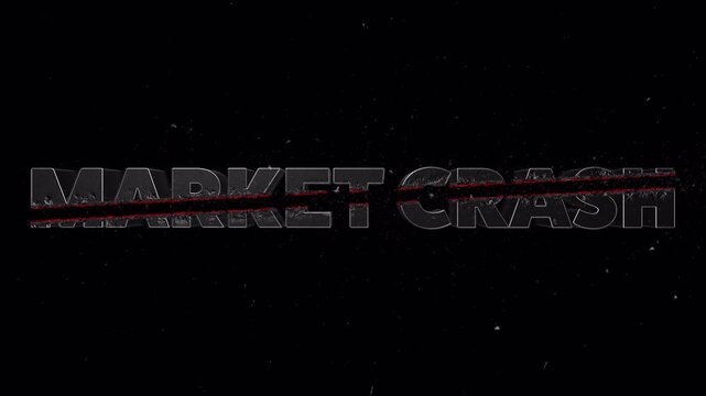 Red crossfire streak slicing through &ldquo;MARKET CRASH&rdquo; text with flying particles and glowing melt trail, transparent background with alpha channel, ideal for finance, trading, and economic news themes