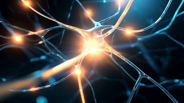 Glowing neural network with branching synapses and electric impulses, abstract neuroscience scene symbolizing brain activity, AI, data transmission and advanced biological communication concept