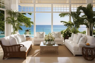 Obraz premium Elegant living room featuring white sofas and lush plants overlooking the turquoise ocean