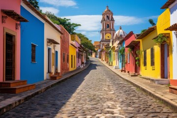 Fototapeta premium Colorful colonial houses line a cobblestone street leading towards a historic bell tower in trinidad, cuba