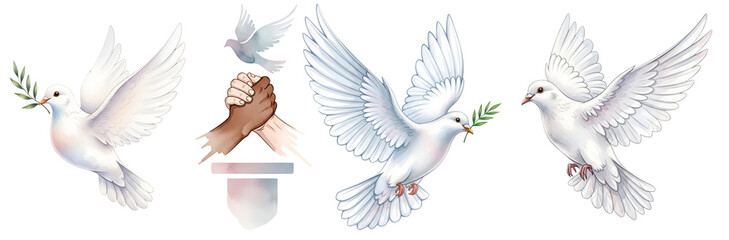 A symbolic image of white doves flying around a handshake on a transparent background