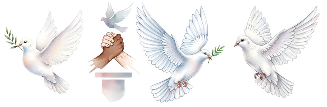 A symbolic image of white doves flying around a handshake on a transparent background