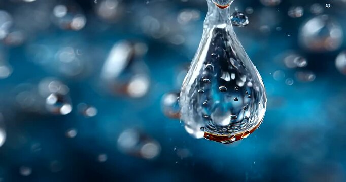 Water droplet falls through blue background with floating bubbles and droplets