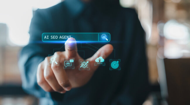 AI SEO Agent search bar with ranking cloud and target strategy icons for digital marketing concept, Businessman hand touching, Target Success Growth Innovation, Search Engine Optimization marketing