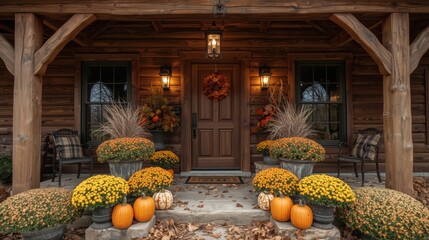 A beautifully decorated front porch with autumn flowers and pumpkins for the fall season