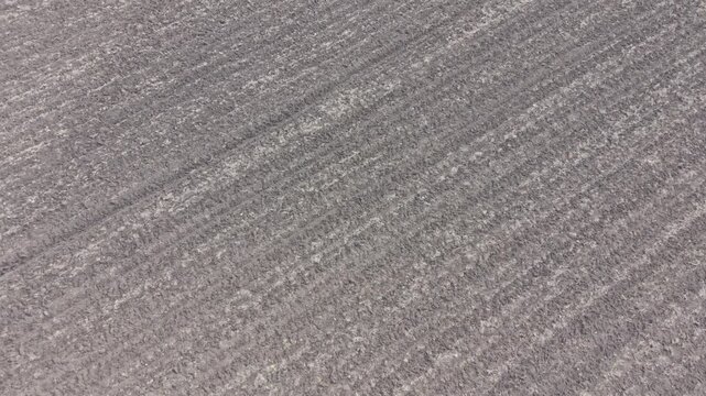 Abstract aerial view of textured agricultural field with repetitive lines and earthy tones forming natural pattern background.