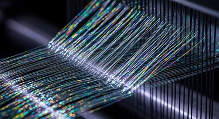 Close up of iridescent optical fiber strands on industrial loom weaving machine