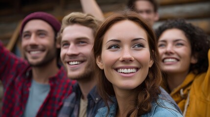Fototapeta premium A group of diverse young adults smiling and cheering together outdoors enjoying a moment of shared joy and excitement