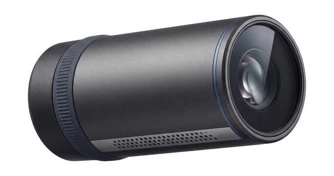 Portable mini laser projector with cylindrical shape and built-in battery.