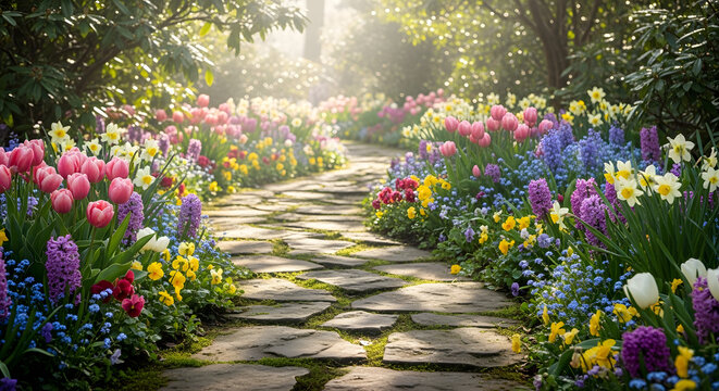 Winding stone path through a vibrant spring garden, filled with colorful blooming flowers under dappled sunlight, creating a serene and enchanting natural landscape view