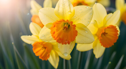 Fototapeta premium Close-up of bright yellow daffodils with orange centers, glistening with dew drops and highlighted by gentle sunlight, celebrating the arrival of spring