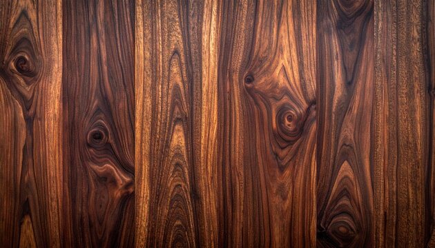 Rich Walnut Wood Grain: Close-up view of vertical walnut wood planks showcasing a complex, intricate grain pattern with knots and variations in deep brown hues.