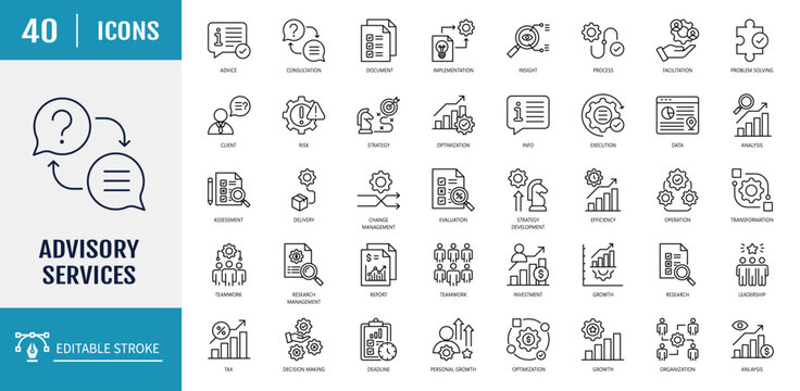 Advisory consulting icon set. Outline icon set. Vector illustration with editable stroke