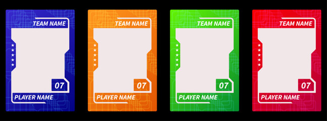 Modern sports trading card frames for football, soccer, basketball, hockey and volleyball players, vector photo border set for clean professional card and flyer layouts