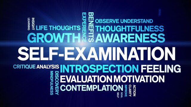 Self-Examination animated word cloud-text design animation tag kinetic typography seamless loop.
