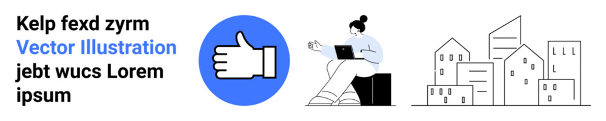 Obraz premium Social media, communication, work-from-home, urban design, approval, technology. Thumbs-up symbol, woman with laptop and outlined buildings. Social media and communication concept