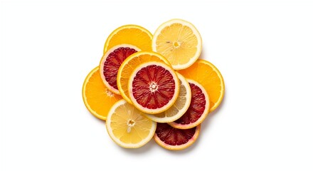 High quality top view composition of fresh mixed citrus fruit slices including orange, lemon, and red grapefruit arranged in a circular pattern isolated on white background.