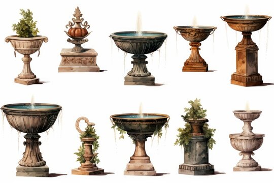 Collection of various traditional stone urns and water elements for garden landscaping and architecture