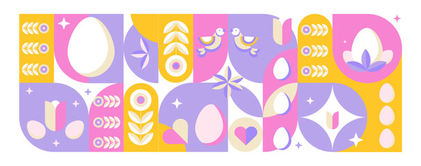 Abstract Easter banner modern background geometric style for holiday web banners, social media covers, advertising, landing pages, packaging, print design, and postcards. Vector illustration © Ilonka eva