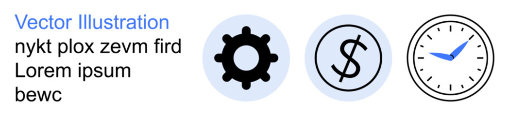 Fototapeta premium Time management, business operations, financial planning, productivity tools, workflow optimization, and strategic planning. A gear, dollar sign and clock icons. Time management and business