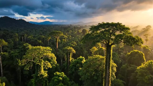 Aerial drone flight over lush tropical rainforest canopy with ancient tall trees under dramatic sunset sky during golden hour