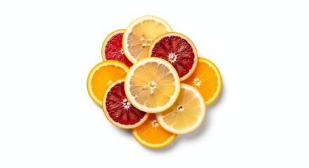 High quality top view composition of fresh mixed citrus fruit slices including orange, lemon, and red grapefruit arranged in a circular pattern isolated on white background.