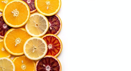 High quality top view composition of fresh mixed citrus fruit slices including orange, lemon, and red grapefruit arranged in a circular pattern isolated on white background.