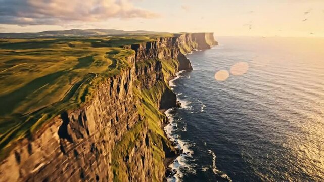 Dramatic aerial footage capturing breathtaking sunset over vast ocean and majestic cliffs, golden hour light illuminating rugged landscape
