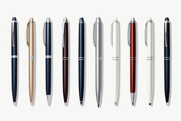 Row of various metal and plastic pens for writing and education