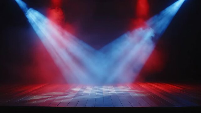 Dramatic red and blue spotlights on empty smoky stage floor