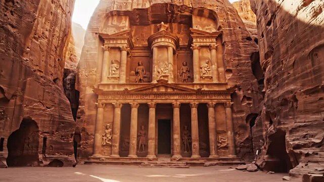 Iconic treasury building carved into sandstone cliffs revealed through narrow canyon in Petra Jordan ancient archaeological site