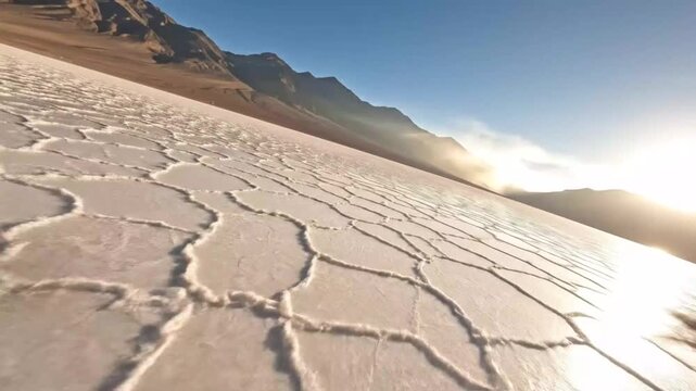 Low altitude aerial flight over beautiful white salt flats at sunset in death valley national park california cinematic scenery