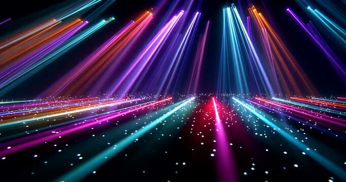 Vibrant laser beams radiate outward in multiple colors against a dark background 