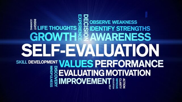 Self-Evaluation animated word cloud-text design animation tag kinetic typography seamless loop.