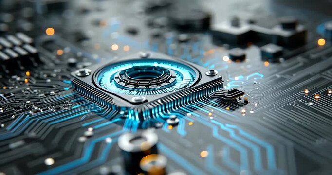 A futuristic circuit board with a glowing blue hub and intricate wiring, viewed from a close-up perspective, showcasing advanced technology, innovation, and electronic components 