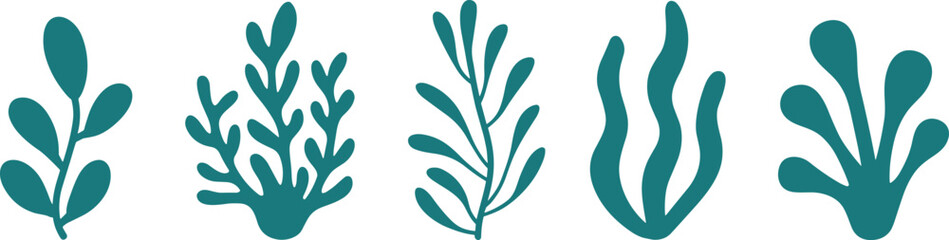 Set of seaweed and underwater plant silhouettes isolated on white background, marine algae collection, ocean botanical elements for aquatic design, coral reef decoration vector. © Mst Jotsna