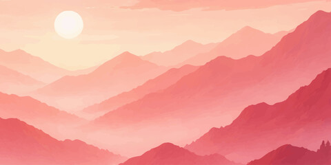 A misty mountain range silhouette at sunrise and sunset illuminates the forest valley and clouds across the nature horizon © ayaat