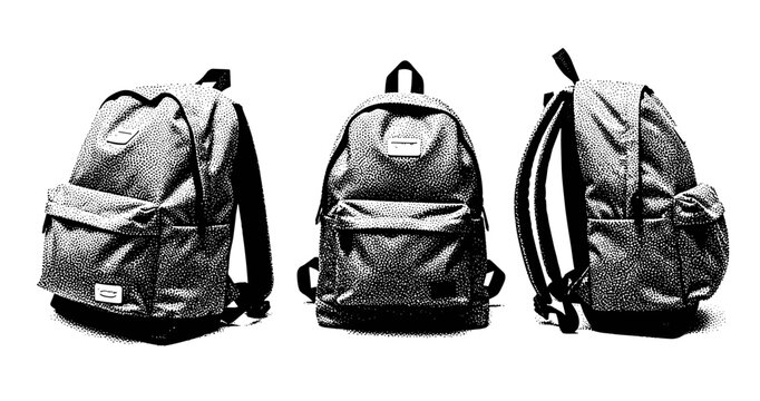Monochrome backpack trio: front, side, rear views in black and white