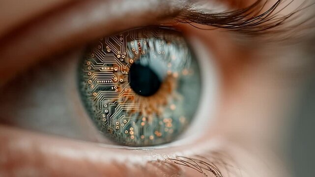 A highly detailed close-up of a human eye reflects intricate circuit board patterns, symbolizing the fusion of human perception with advanced technology. the image explores themes of digital innovatio