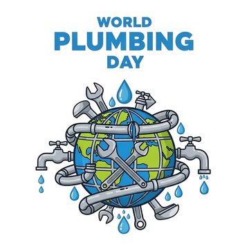 World plumbing day illustration with globe tools and water droplets