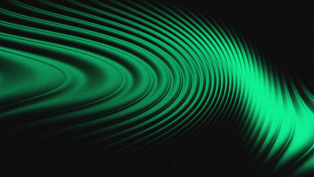 Abstract emerald green liquid wave background with rhythmic flow and grainy texture. Modern futuristic green silk pattern on dark background