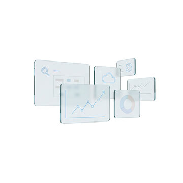 Floating glass interface screens with data charts. Analytics concept