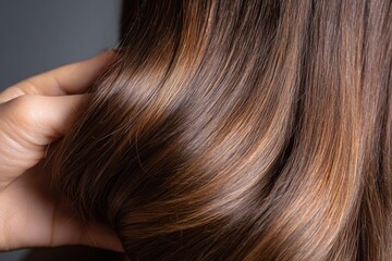 Naklejka premium Woman hand touching her healthy shiny brown and blonde ombré hair. Hair coloring trend and beauty care product concept.