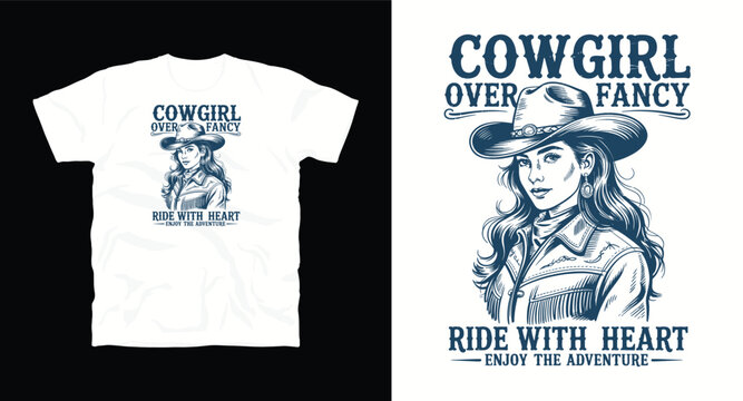 Cowgirl over fancy ride with heart enjoy adventure vintage tshirt design