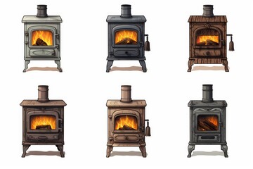 Naklejka premium Collection of vintage style wood burning stoves with glowing fire inside